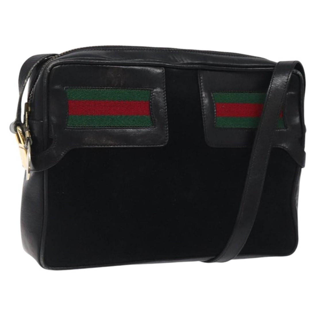 GUCCI Web Sherry Line Suede Shoulder Bag Black Gold Red Auth Italy: GUCCI Web Sherry Line Suede Shoulder Bag Black Gold Red Auth Italy This GUCCI Web Sherry Line Shoulder Bag is a stylish accessory crafted from high-quality suede in a striking combination of black, go
