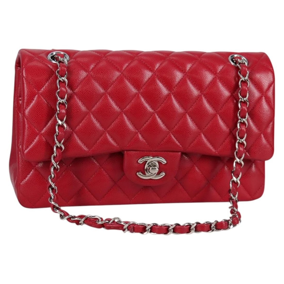 CHANEL Red Caviar Matelasse Shoulder Bag with Silver CC (1 of 18)