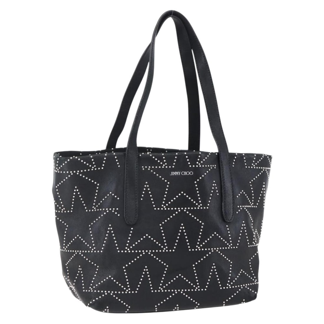 Jimmy Choo Black Silver Leather Studs Tote Bag Auth BA7519: Jimmy Choo Black Silver Leather Studs Tote Bag Auth BA7519 This Jimmy Choo Tote Bag is a stylish accessory crafted from high-quality leather in a striking black and silver color combination. With a un