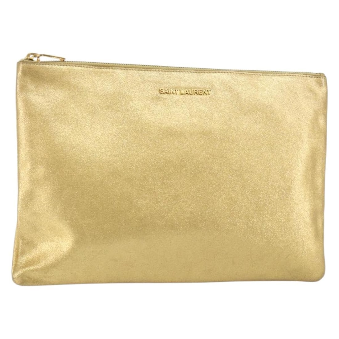 Saint Laurent Gold Leather Clutch Bag 328517 Authentic Italy: Saint Laurent Gold Leather Clutch Bag 328517 Authentic Italy Elevate your style with this elegant SAINT LAURENT clutch bag, crafted from premium leather in a stunning gold finish. The bag features a s