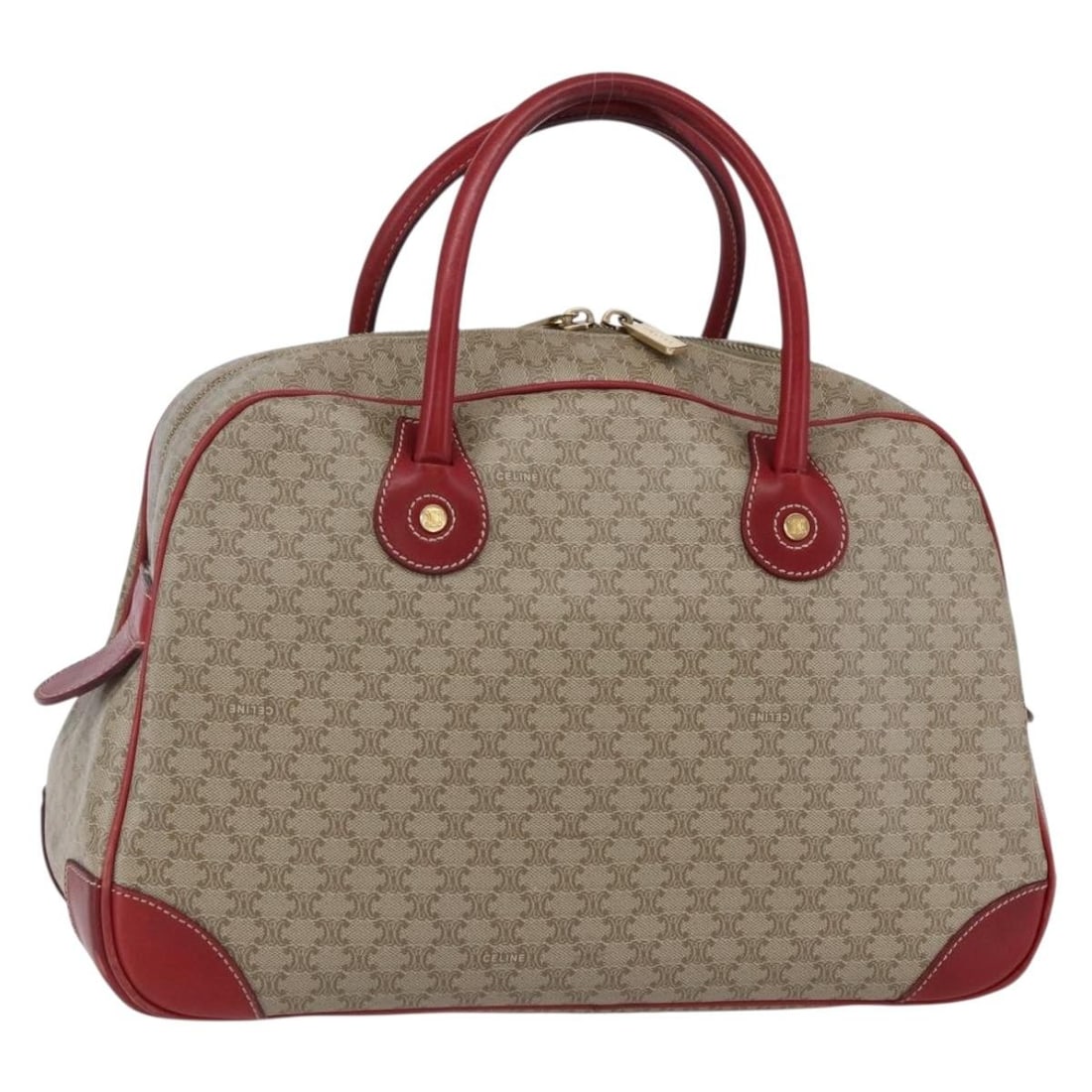 CELINE Macadam Canvas Hand Bag Beige Red Gold Authentic Italy: CELINE Macadam Canvas Hand Bag Beige Red Gold Authentic Italy This CELINE Macadam Canvas Hand Bag is a stylish accessory crafted in Italy, featuring a chic blend of beige, red, and gold colors. Made f