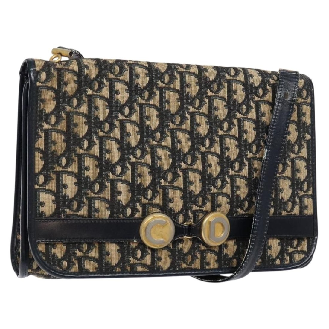 Christian Dior Navy Gold Trotter Canvas Shoulder Bag Auth 129696: Christian Dior Navy Gold Trotter Canvas Shoulder Bag Auth 129696 This elegant Christian Dior Trotter Canvas Shoulder Bag features a chic navy and gold color combination, perfect for adding a touch of