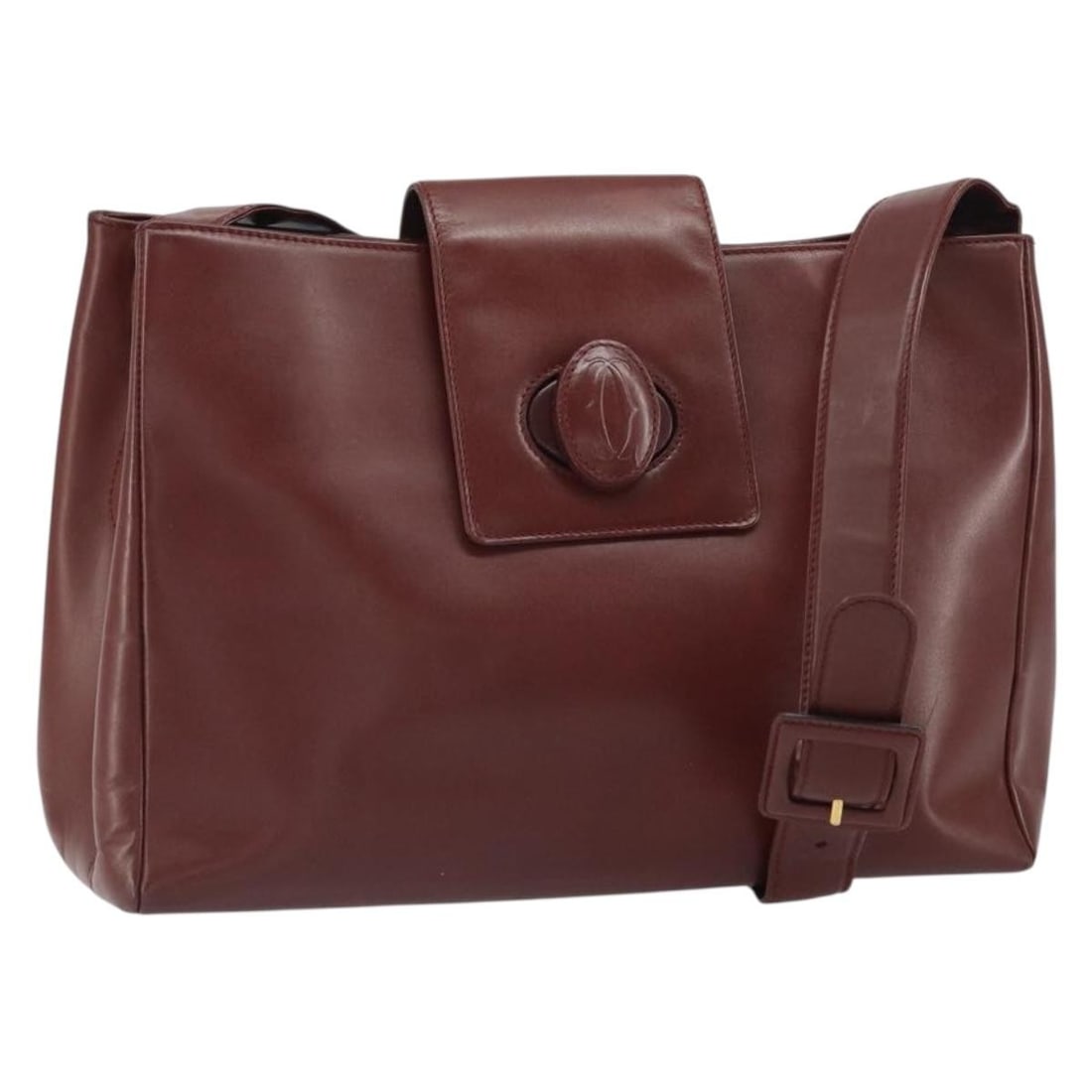 Cartier Must Line Bordeaux Leather Shoulder Bag Gold Tone Hardware Italy: Cartier Must Line Bordeaux Leather Shoulder Bag Gold Tone Hardware Italy This is a Cartier Must Line shoulder bag crafted from bordeaux leather with gold-tone accents. The bag features a structured si