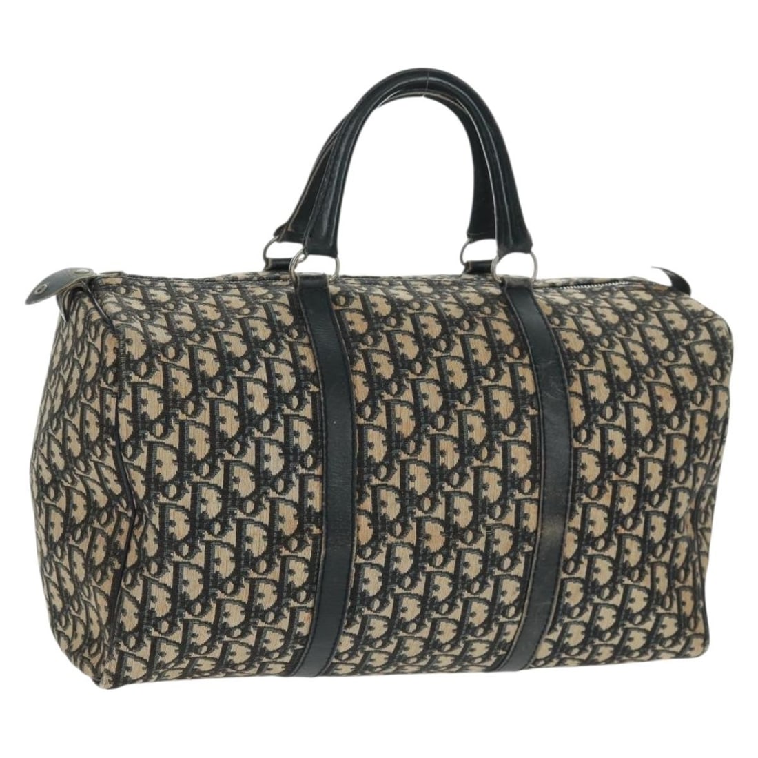 Navy Trotter Canvas Boston Bag by Christian Dior with Silver Accents: Navy Trotter Canvas Boston Bag by Christian Dior with Silver Accents This is a Christian Dior Boston Bag crafted in navy and silver Trotter canvas, featuring dual top handles. Made in France, the bag