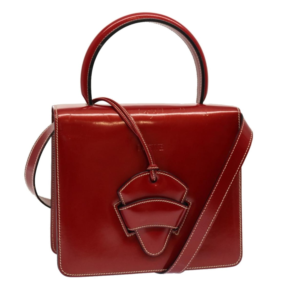 LOEWE Red Patent Leather 2-Way Hand Bag Authentic: LOEWE Red Patent Leather 2-Way Hand Bag Authentic This elegant LOEWE hand bag is crafted from luxurious patent leather in a vibrant red hue. Designed for versatility, it can be used as a 2-way hand ba