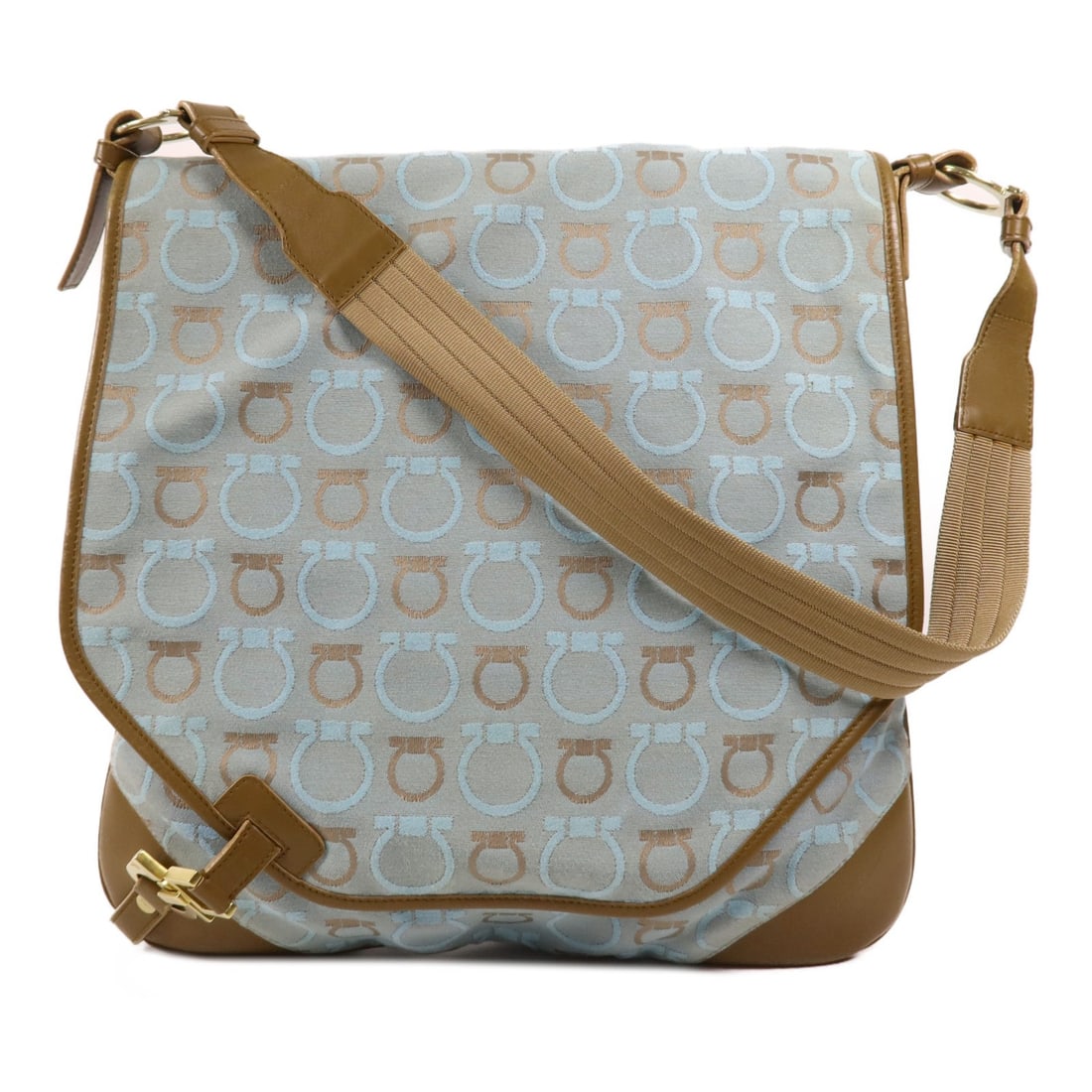Salvatore Ferragamo Blue Brown Canvas Shoulder Bag GHW: Salvatore Ferragamo Blue Brown Canvas Shoulder Bag GHW This stylish Salvatore Ferragamo shoulder bag is crafted from durable canvas and features a striking blue and brown color scheme. With a height o