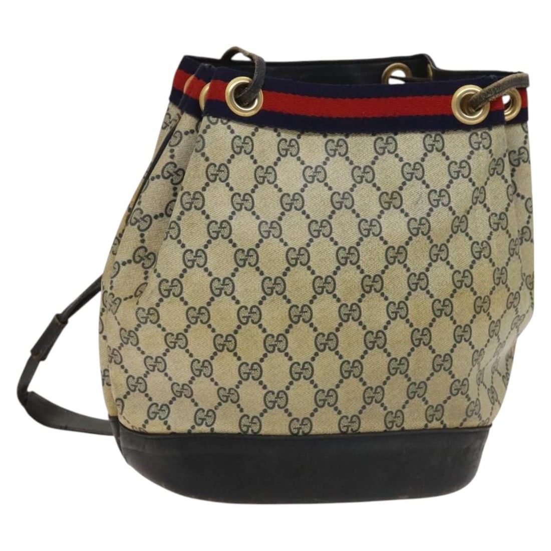 GUCCI GG Supreme Navy Gold Red PVC Shoulder Bag Italy Auth 123716: GUCCI GG Supreme Navy Gold Red PVC Shoulder Bag Italy Auth 123716 This exquisite GUCCI GG Supreme Sherry Line Shoulder Bag is crafted from durable PVC leather and features a striking color palette of