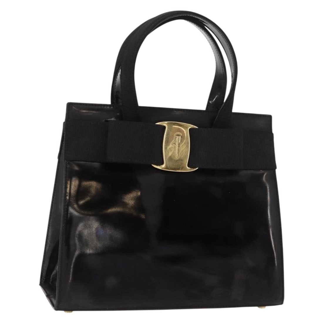 Salvatore Ferragamo Vala Black Gold Enamel Hand Bag Authentic: Salvatore Ferragamo Vala Black Gold Enamel Hand Bag Authentic This Salvatore Ferragamo Vala Hand Bag is a stunning accessory crafted in Italy, showcasing a chic blend of black enamel and gold accents.