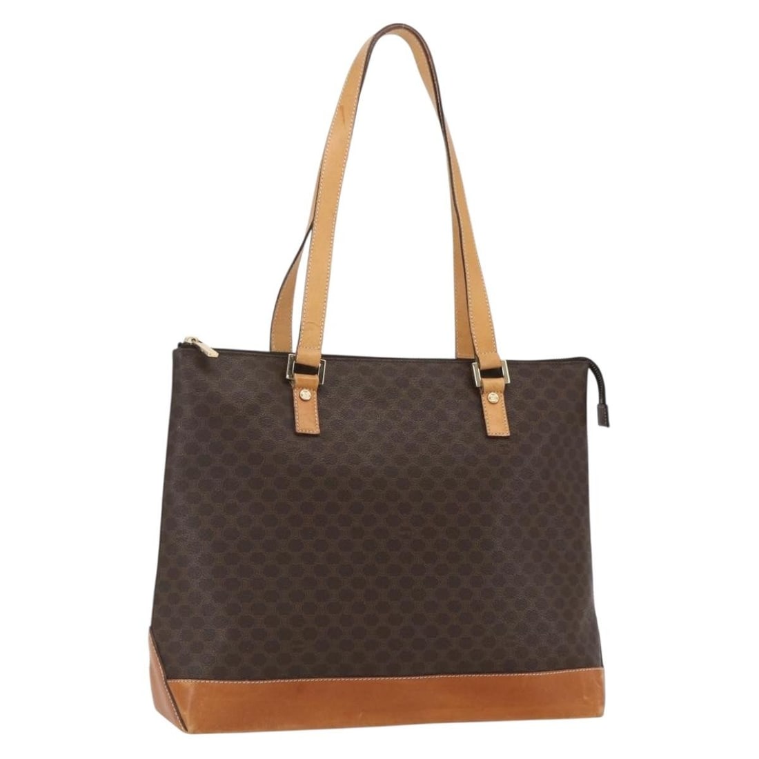 Celine Macadam Brown PVC Tote Bag with Gold Accents: Celine Macadam Brown PVC Tote Bag with Gold Accents This is a CELINE Macadam canvas tote bag crafted from PVC leather in brown and gold tones. The bag features dual handles, a spacious interior, and t