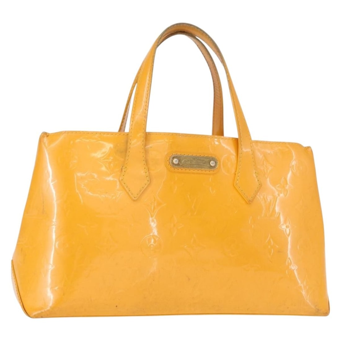 LOUIS VUITTON Monogram Vernis Wilshire PM Handbag Jaune Passion M91725 Authenticated: LOUIS VUITTON Monogram Vernis Wilshire PM Handbag Jaune Passion M91725 Authenticated Presenting the LOUIS VUITTON Monogram Vernis Wilshire PM Bag in the vibrant color Jaune Passion. This stylish handb