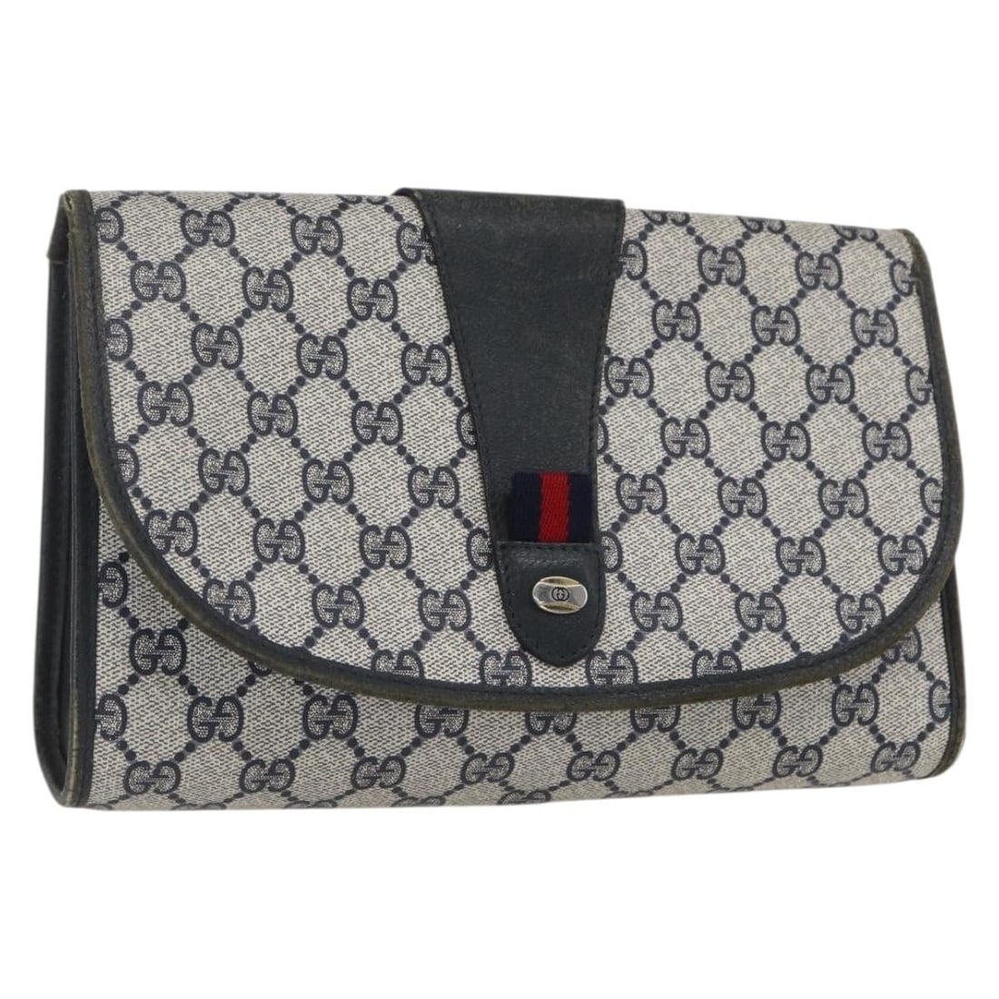 Navy GG Supreme Sherry Line Clutch by Gucci PVC Leather 89 01 030: Navy GG Supreme Sherry Line Clutch by Gucci PVC Leather 89 01 030 This is a Gucci GG Supreme Sherry Line clutch bag crafted from navy and gold PVC leather and GG canvas. The bag features a rectangular