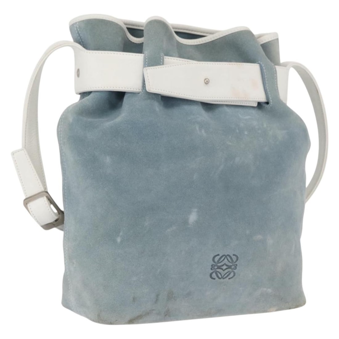Loewe Light Blue Suede Anagram Shoulder Bag Silver Hardware: Loewe Light Blue Suede Anagram Shoulder Bag Silver Hardware This LOEWE Anagram shoulder bag features a light blue and silver suede leather exterior, crafted in Spain. The bag displays signs of heavy u