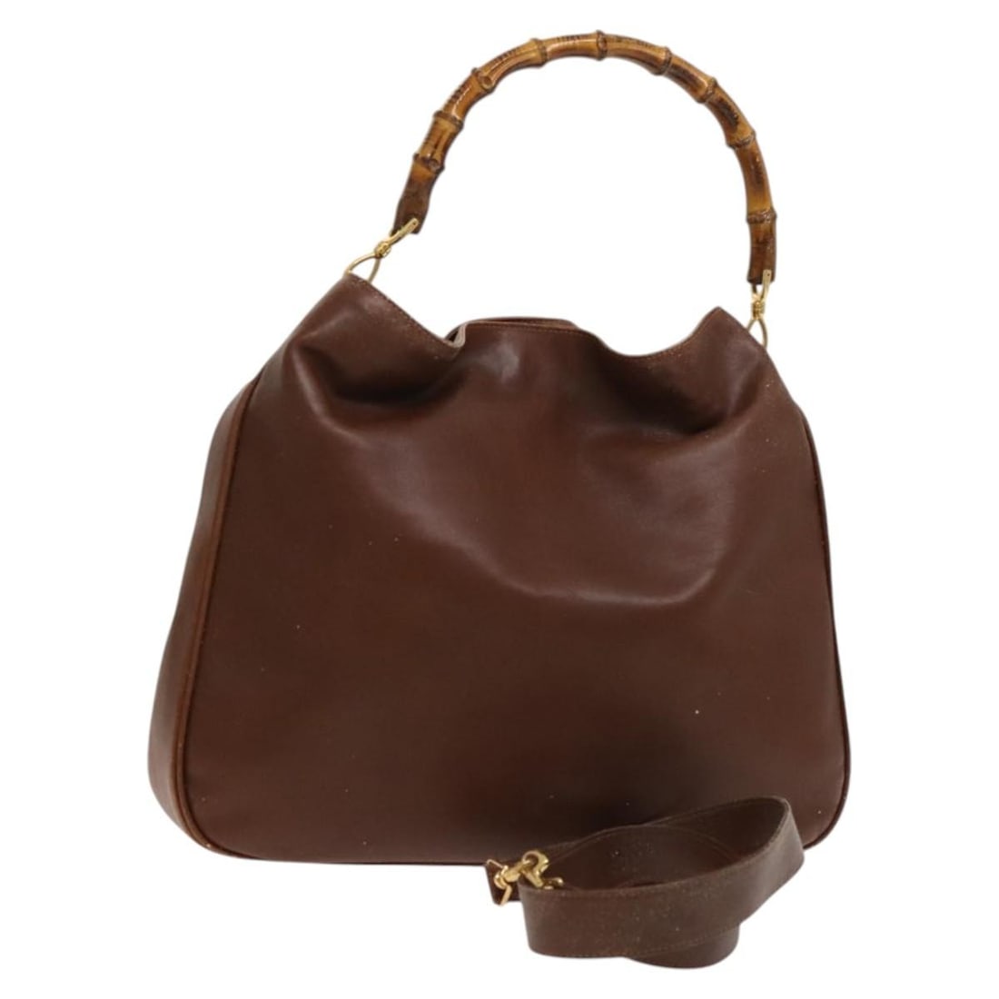 Gucci Bamboo Leather Brown Gold Two Way Shoulder Bag with Strap: Gucci Bamboo Leather Brown Gold Two Way Shoulder Bag with Strap This is a Gucci Bamboo shoulder bag crafted in brown leather with gold-tone accents. The bag features a two-way design, allowing it to b