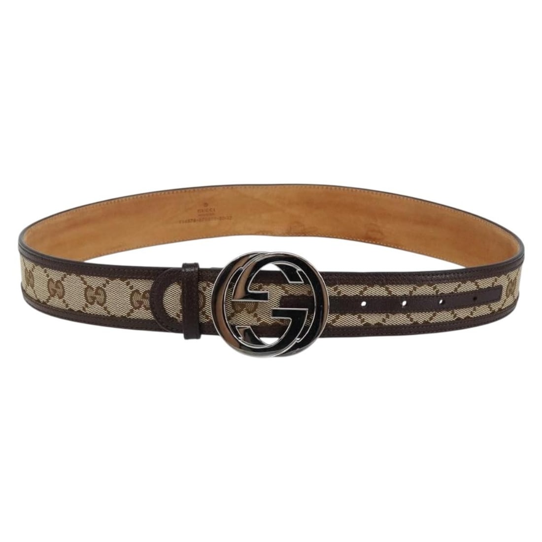 GUCCI GG Canvas Interlocking Belt Beige Silver 37.4in Authentic: GUCCI GG Canvas Interlocking Belt Beige Silver 37.4in Authentic This authentic GUCCI GG Canvas Interlocking Belt features a stylish beige and silver color scheme, expertly crafted in Italy. Made from