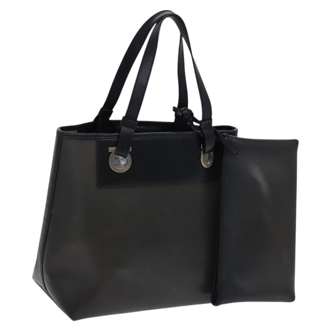 Salvatore Ferragamo Black Vinyl Gancini Hand Bag Made in Italy: Salvatore Ferragamo Black Vinyl Gancini Hand Bag Made in Italy This Salvatore Ferragamo Gancini Hand Bag showcases a sleek black vinyl exterior, perfect for making a statement. With approximate dimens