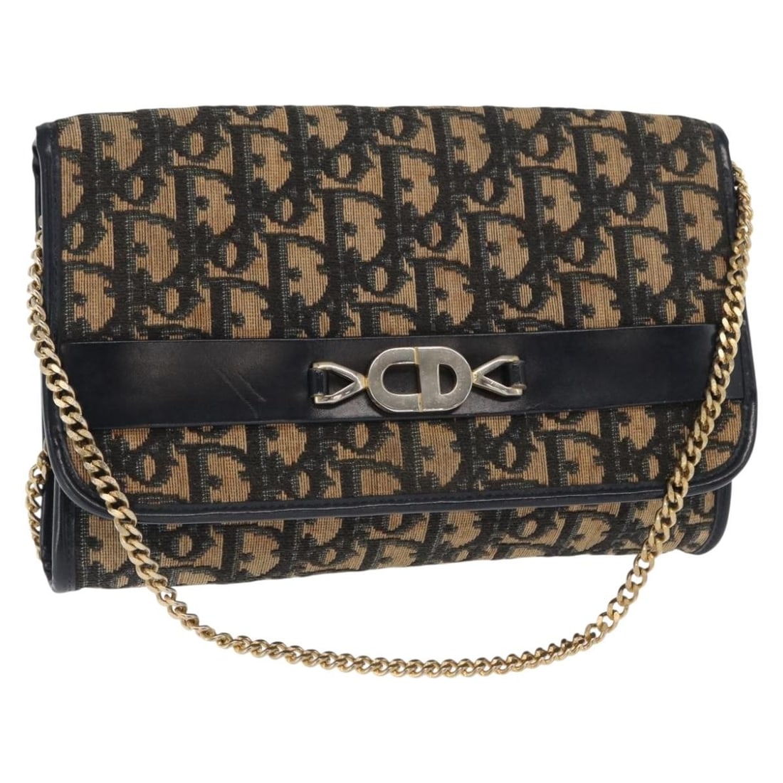 Navy and Gold Trotter Canvas Christian Dior Shoulder Bag with Chain Strap: Navy and Gold Trotter Canvas Christian Dior Shoulder Bag with Chain Strap This Christian Dior Trotter Canvas chain shoulder bag features a navy and gold color scheme with signature Trotter canvas mate