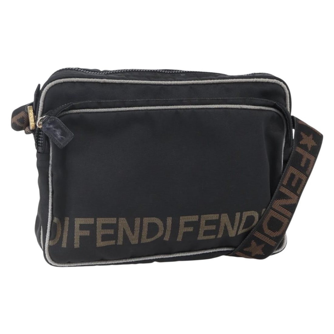 FENDI Black Gold Nylon Shoulder Bag Auth Serial No 2291 26337 089: FENDI Black Gold Nylon Shoulder Bag Auth Serial No 2291 26337 089 Discover this stylish FENDI shoulder bag crafted from durable nylon in a striking black and gold color combination. This chic bag meas