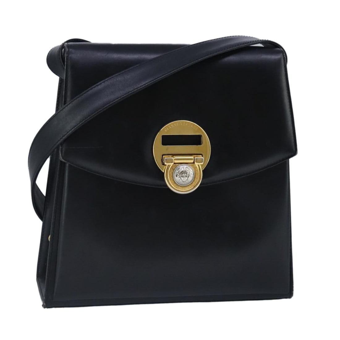 Gianni Versace Black Gold Leather Shoulder Bag Made in Italy: Gianni Versace Black Gold Leather Shoulder Bag Made in Italy This Gianni Versace shoulder bag is a stunning accessory crafted from high-quality leather, featuring a sophisticated black and gold color