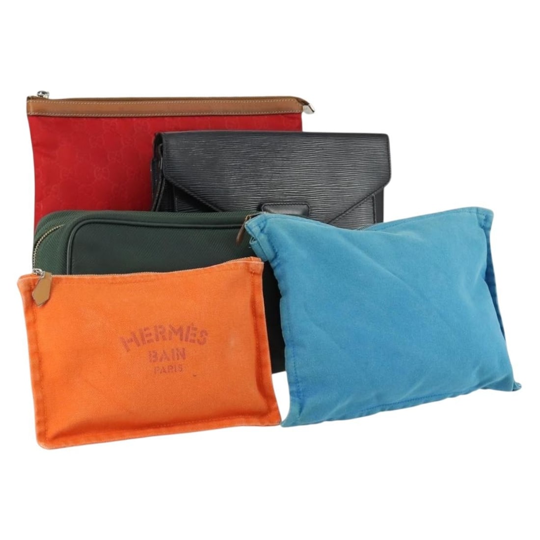 Set of 5 Louis Vuitton Epi and Taiga Leather Clutch Bags Black Red Blue: Set of 5 Louis Vuitton Epi and Taiga Leather Clutch Bags Black Red Blue This is a set of five authentic Louis Vuitton clutch bags crafted from leather and Epi leather in black, red, and blue colors. T