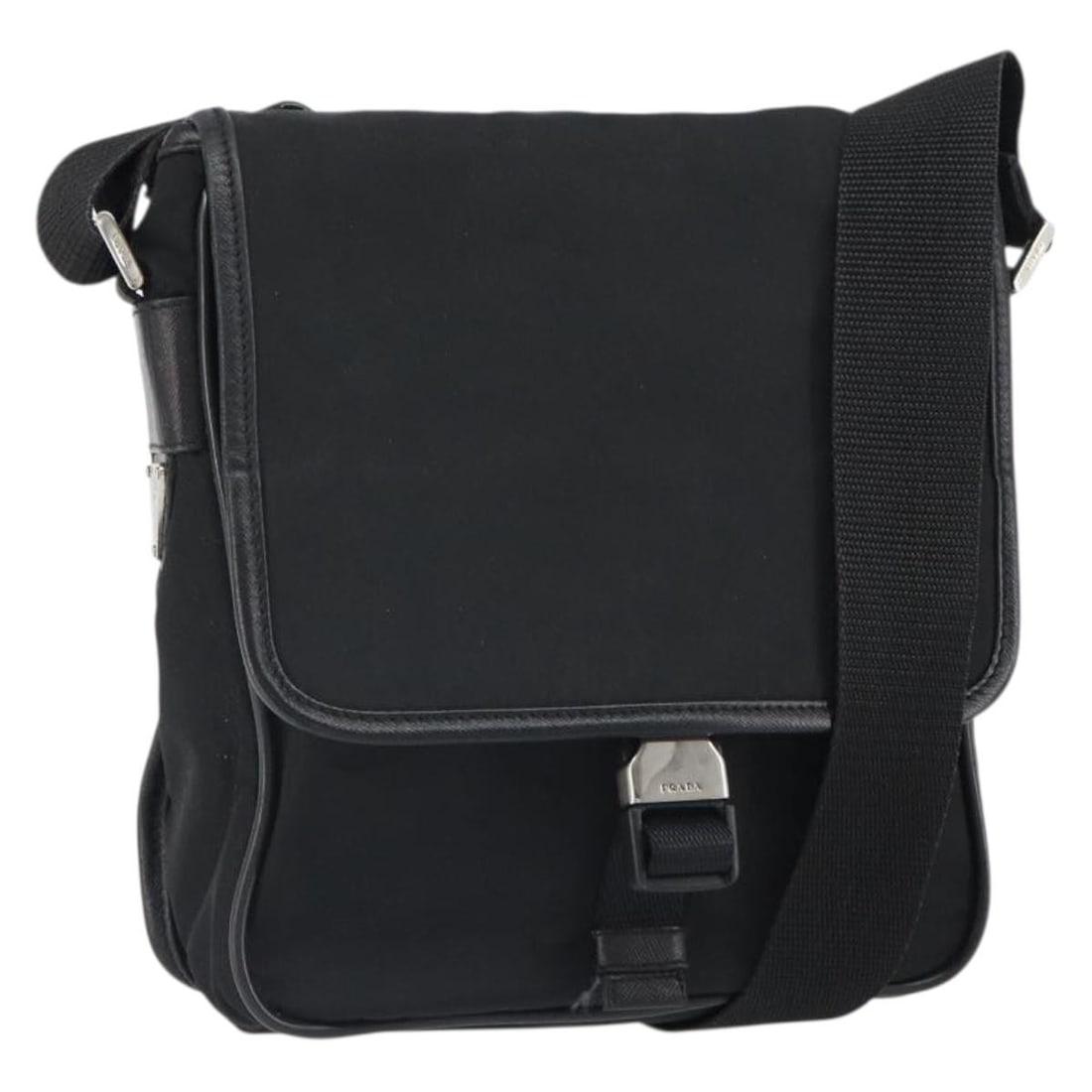 Prada Black Nylon Shoulder Purse with Silver Tone Details: Prada Black Nylon Shoulder Purse with Silver Tone Details This PRADA shoulder bag features a black and silver nylon exterior with silver-tone hardware. The bag is made in Italy and is designed for eve