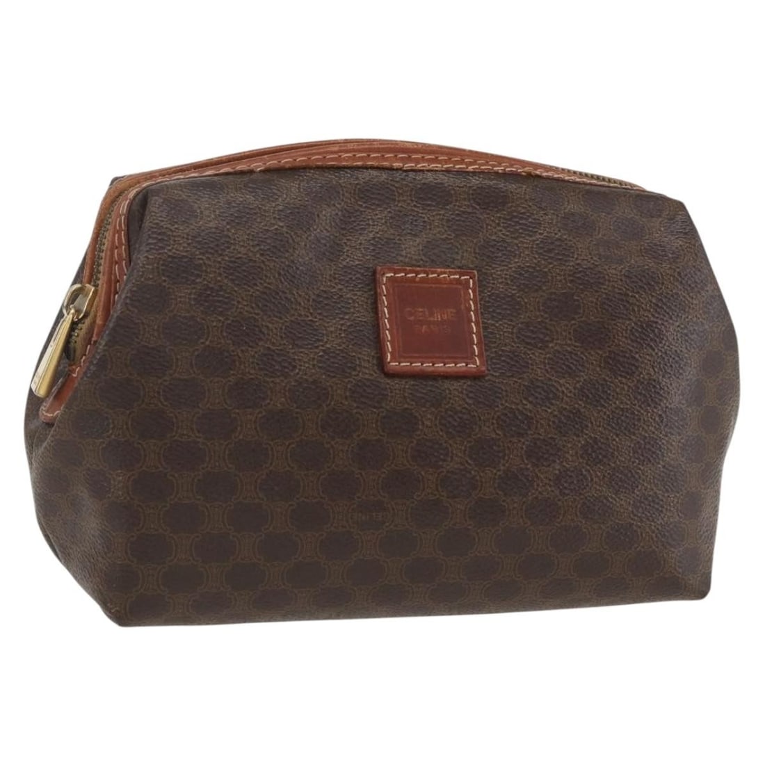 CELINE Macadam Canvas Pouch Brown Gold PVC Leather Italy: CELINE Macadam Canvas Pouch Brown Gold PVC Leather Italy This CELINE Macadam Canvas Pouch combines luxurious PVC leather with a stylish brown and gold color scheme. Crafted in Italy, this pouch is per