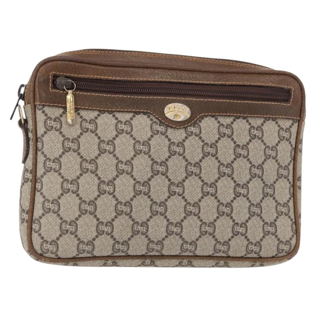 GUCCI GG Plus Supreme Beige Gold Clutch Bag PVC Italy: GUCCI GG Plus Supreme Beige Gold Clutch Bag PVC Italy The GUCCI GG Plus Supreme Clutch Bag showcases a luxurious blend of PVC leather and GG canvas in a chic beige and gold color scheme. This stylish