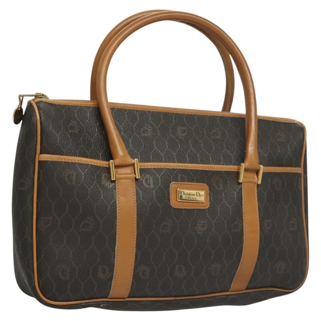 Christian Dior Honeycomb Canvas Hand Bag Black Gold PVC Auth: Christian Dior Honeycomb Canvas Hand Bag Black Gold PVC Auth The Christian Dior Honeycomb Canvas Hand Bag is a stylish accessory crafted from durable PVC leather in a classic black and gold color sche