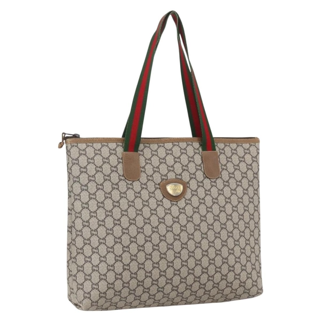 GUCCI GG Plus Supreme Tote Bag Beige Gold PVC Italy: GUCCI GG Plus Supreme Tote Bag Beige Gold PVC Italy This authentic GUCCI GG Plus Supreme Web Sherry Line Tote Bag features a stylish design crafted from durable PVC leather. The elegant beige and gold