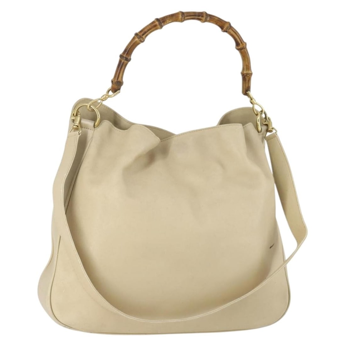 Gucci Bamboo Beige Leather 2way Shoulder and Top Handle Bag: Gucci Bamboo Beige Leather 2way Shoulder and Top Handle Bag This is a Gucci Bamboo 2-way handbag crafted from beige and gold leather with bamboo handles. The bag can be carried by hand or worn as a sh