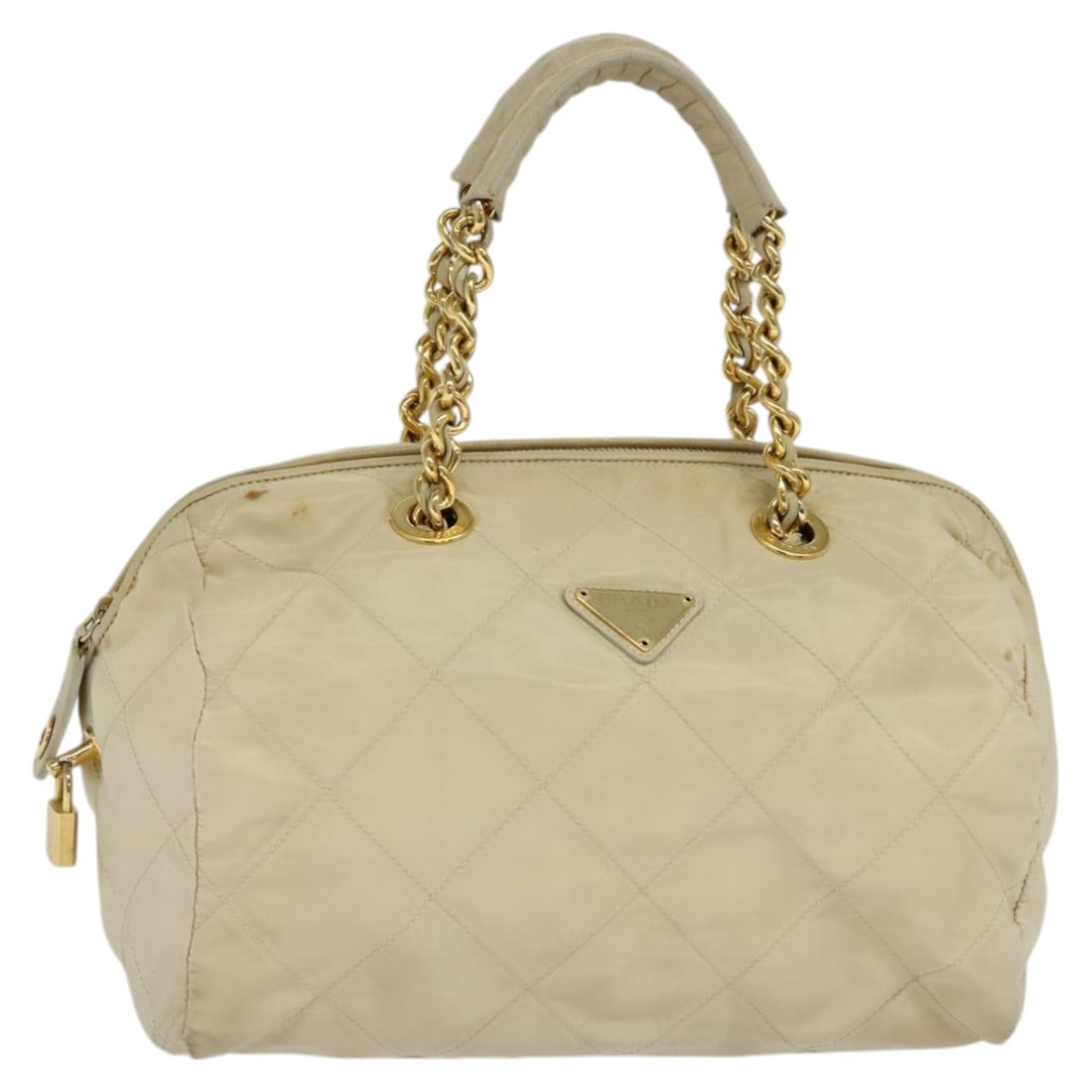 PRADA Beige Gold Nylon Chain Hand Bag Made in Italy: PRADA Beige Gold Nylon Chain Hand Bag Made in Italy This PRADA Chain Hand Bag combines style and functionality, crafted from durable nylon in a sophisticated beige and gold color scheme. With approxim