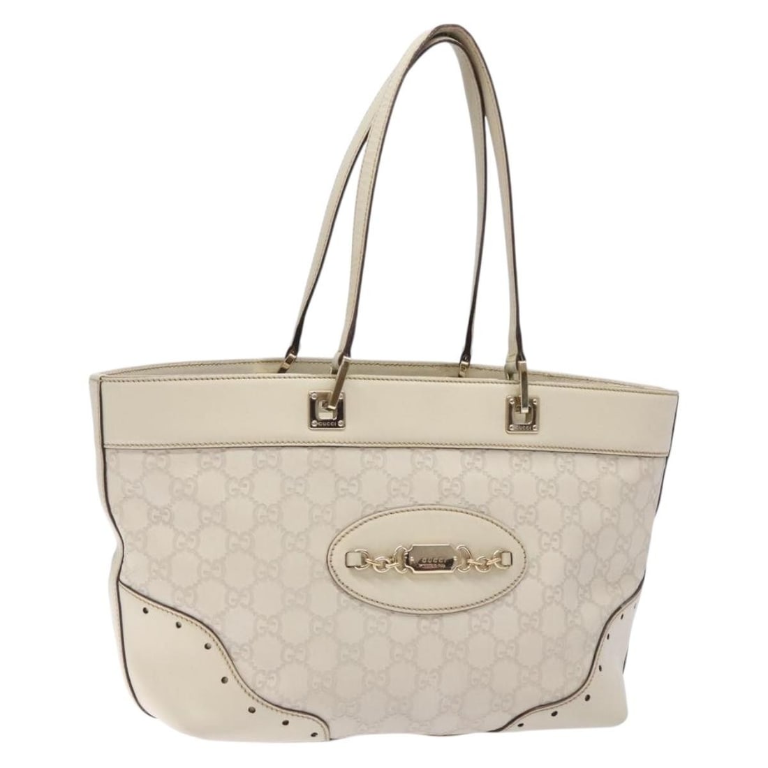 GUCCI GG Canvas Horsebit Tote Bag White Gold 145993 Auth Made in Italy: GUCCI GG Canvas Horsebit Tote Bag White Gold 145993 Auth Made in Italy This GUCCI GG Canvas Guccissima Horsebit Tote Bag combines luxury and functionality with its elegant design in white and gold. Cr