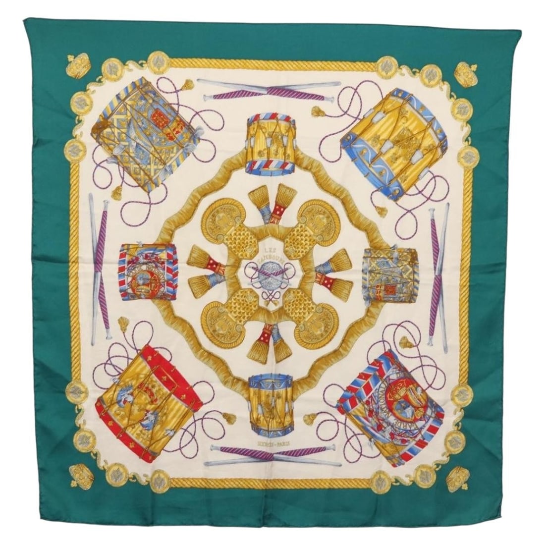 HERMES Les Tambours Green Silk Carre 90 Scarf Auth hk3098 (1 of 12)