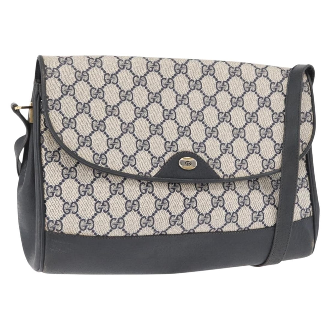 Navy Gold GUCCI GG Supreme 116 02 067 PVC Canvas Shoulder Bag Italy: Navy Gold GUCCI GG Supreme 116 02 067 PVC Canvas Shoulder Bag Italy This GUCCI GG Supreme shoulder bag features a navy and gold color scheme with PVC leather and GG canvas materials. The bag has a str