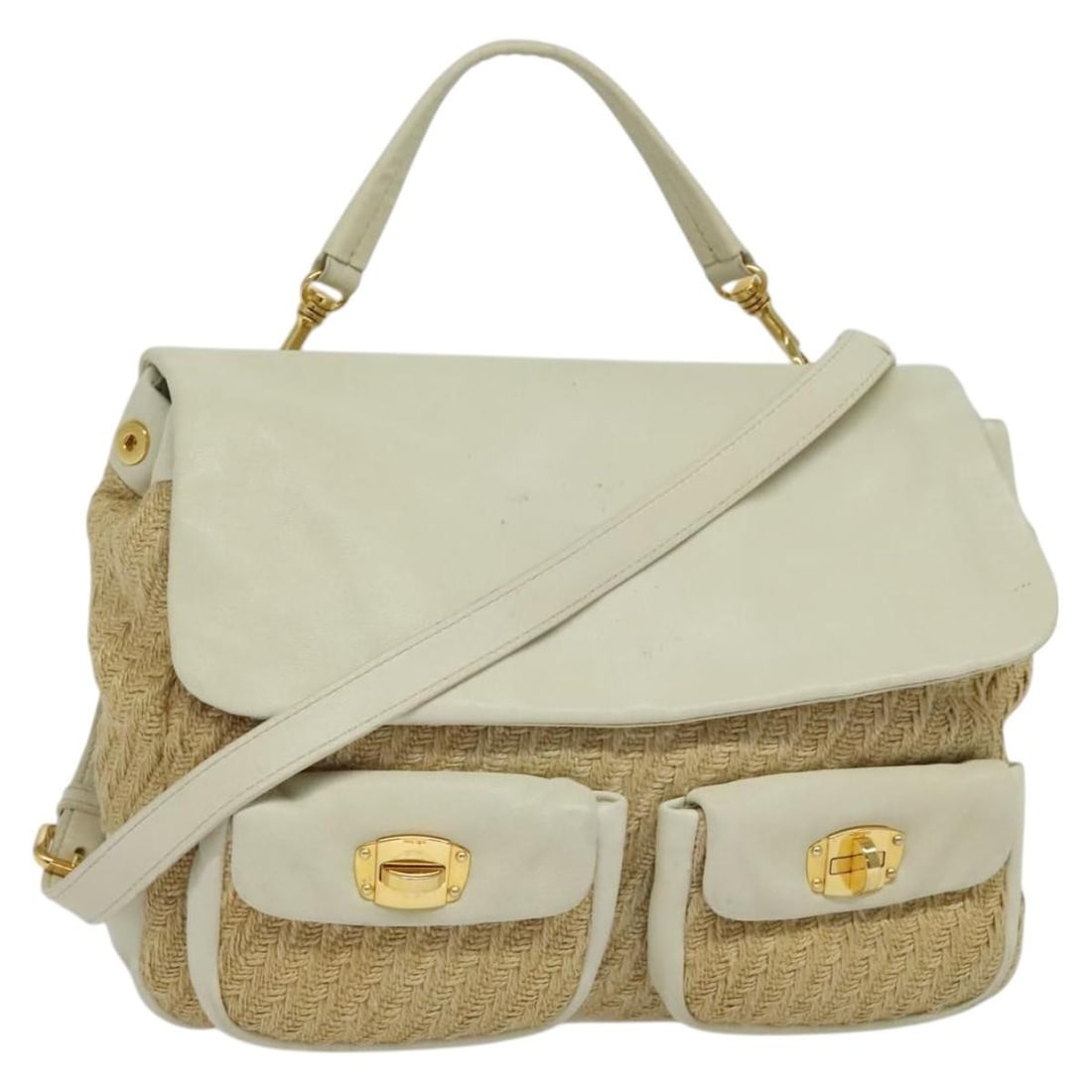 Miu Miu Leather Straw 2-Way Hand Bag Beige Gold Auth 120561: Miu Miu Leather Straw 2-Way Hand Bag Beige Gold Auth 120561 This authentic Miu Miu handbag features a stylish combination of beige leather and gold accents, perfect for elevating your outfit. The bag