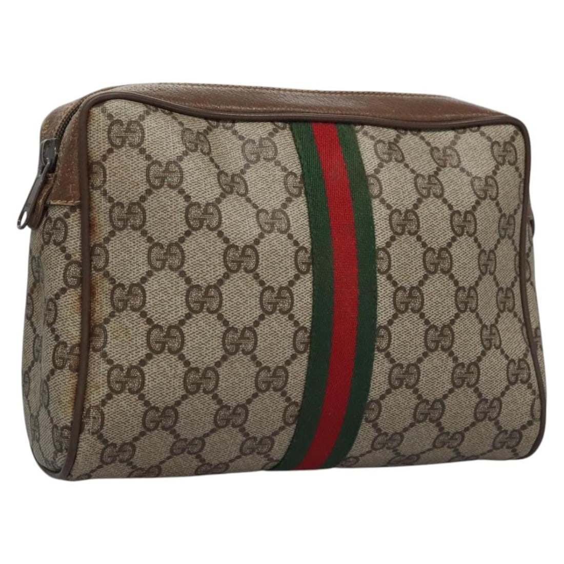 GUCCI GG Supreme Sherry Line Beige PVC Clutch Bag Auth 89 01 012: GUCCI GG Supreme Sherry Line Beige PVC Clutch Bag Auth 89 01 012 This GUCCI GG Supreme Web Sherry Line Clutch Bag is a stylish accessory crafted from durable PVC leather in a chic beige and gold color