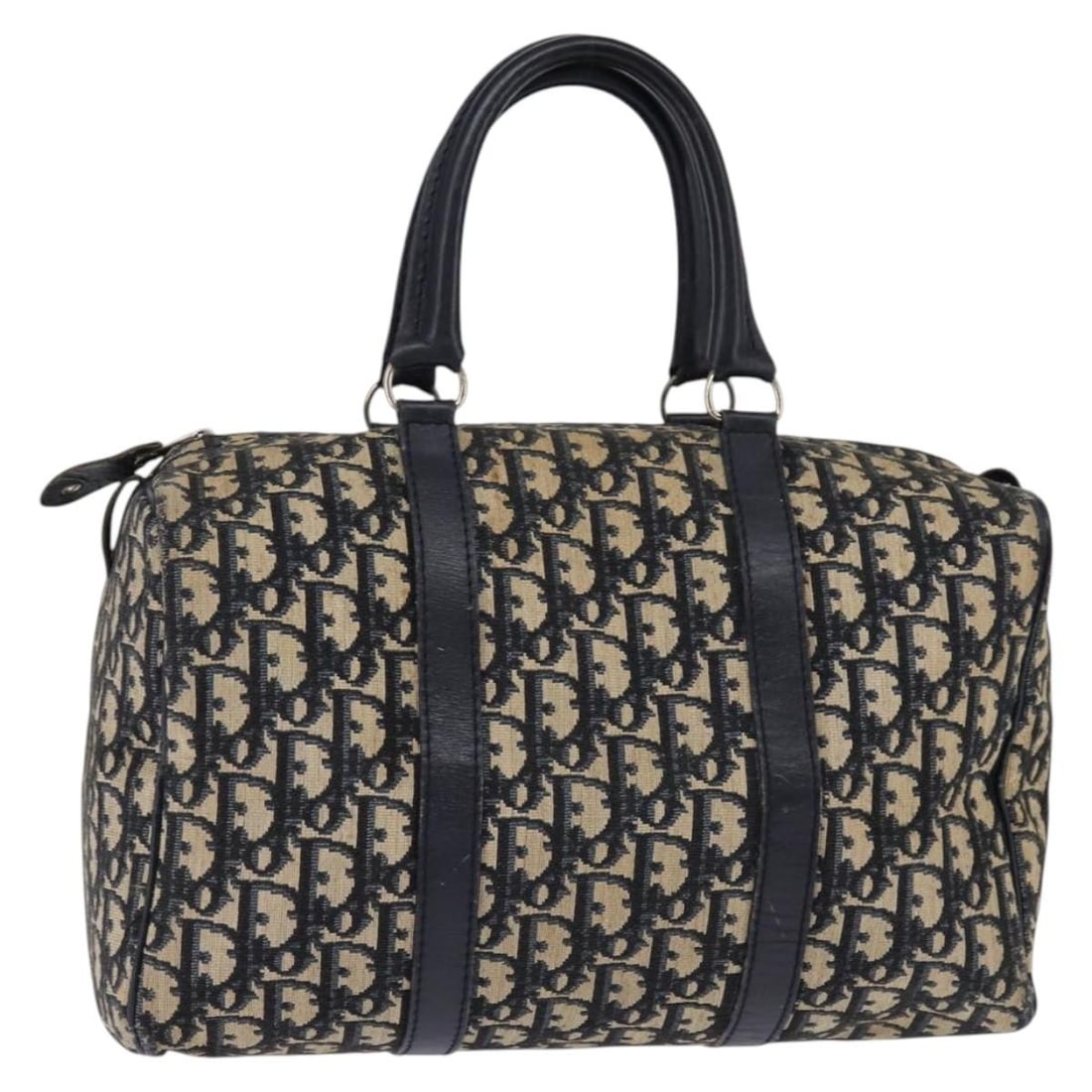 Navy Trotter Canvas Boston Bag by Christian Dior with Silver Accents: Navy Trotter Canvas Boston Bag by Christian Dior with Silver Accents This Christian Dior Boston bag features the iconic Trotter canvas in navy and silver. Made in France, the bag includes dual top han