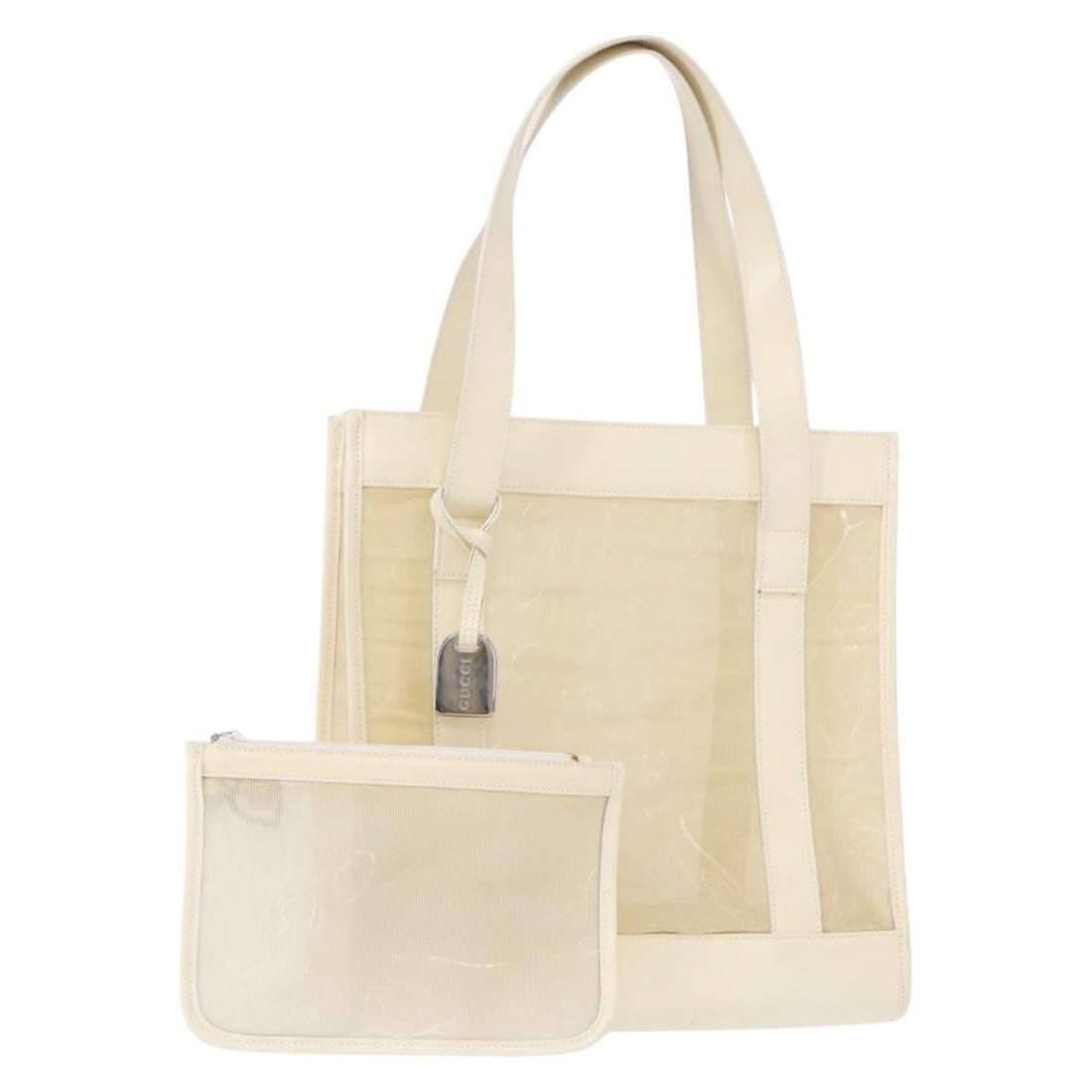 GUCCI 002 1705 0405 Beige Silver Leather Mesh Tote Bag Auth: GUCCI 002 1705 0405 Beige Silver Leather Mesh Tote Bag Auth This authentic GUCCI tote bag is crafted from high-quality leather and features a stylish beige and silver color combination. Measuring appr