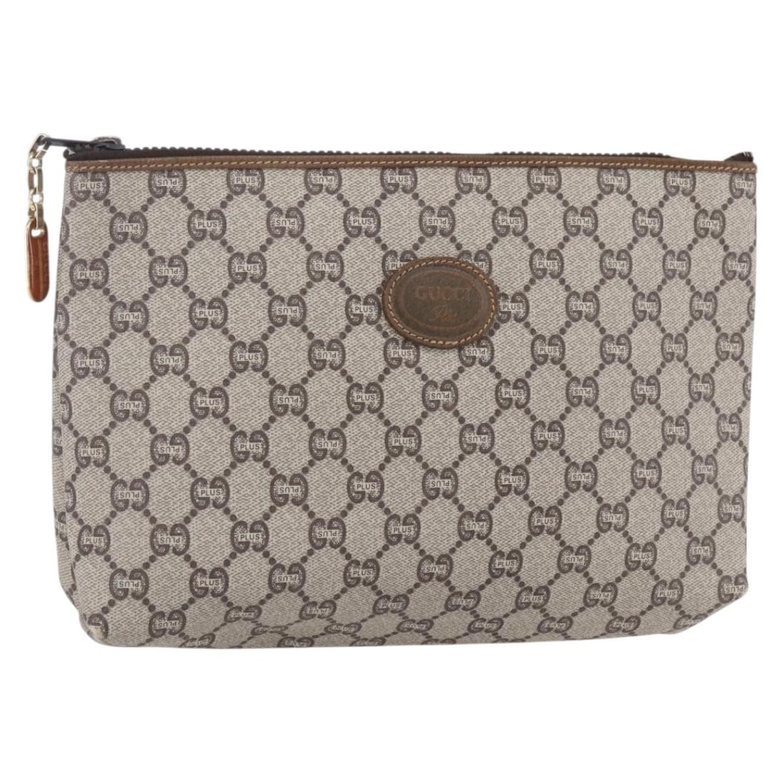GUCCI GG Plus Supreme Clutch Bag Beige Gold PVC Italy: GUCCI GG Plus Supreme Clutch Bag Beige Gold PVC Italy Introducing the GUCCI GG Plus Supreme Clutch Bag, a stylish accessory that showcases the brand's iconic design and craftsmanship. This elegant clu