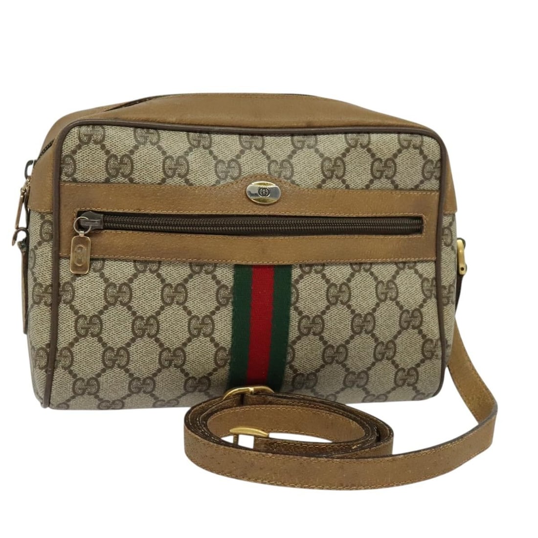 GUCCI GG Supreme Sherry Line Shoulder Bag Beige Gold PVC Auth 68 02 004: GUCCI GG Supreme Sherry Line Shoulder Bag Beige Gold PVC Auth 68 02 004 This authentic GUCCI GG Supreme Sherry Line Shoulder Bag is a stylish and functional accessory, crafted from durable PVC leather
