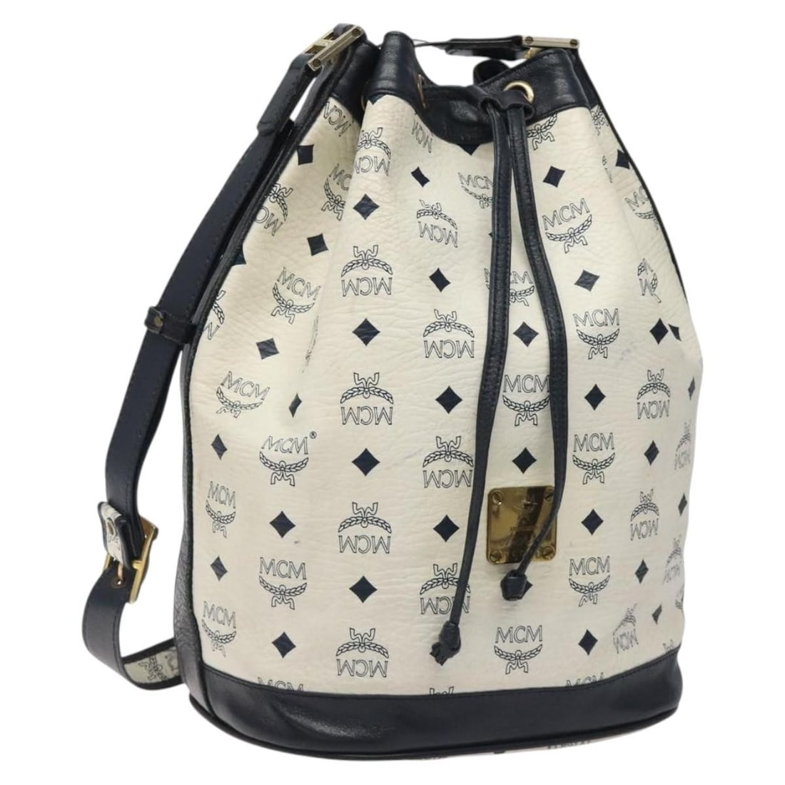 MCM Logogram Vicetos Shoulder Bag White Gold PVC Leather Germany: MCM Logogram Vicetos Shoulder Bag White Gold PVC Leather Germany Elevate your style with the MCM Logogram Vicetos Shoulder Bag, crafted from durable PVC leather in a chic white and gold color scheme.