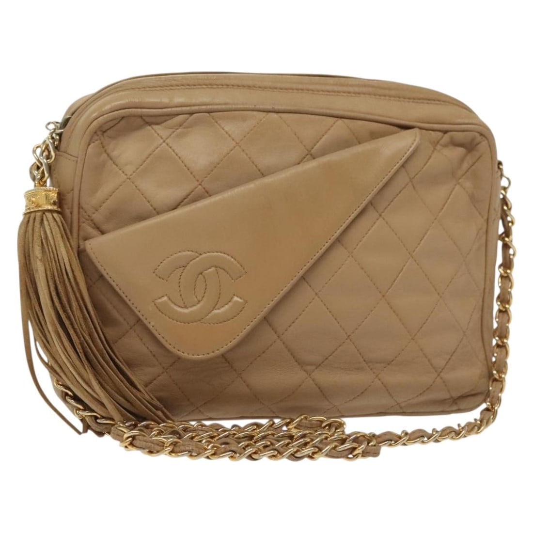 CHANEL Matelasse Beige Gold Lambskin Shoulder Bag Auth 0902559: CHANEL Matelasse Beige Gold Lambskin Shoulder Bag Auth 0902559 This CHANEL Matelasse Chain Shoulder Bag is crafted from luxurious lambskin in a sophisticated beige and gold color scheme. Measuring app