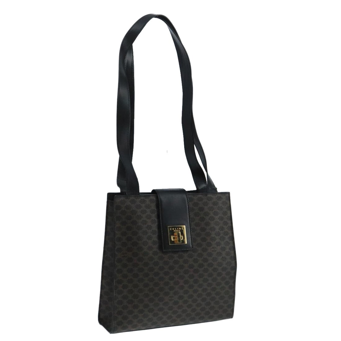 CELINE Macadam PVC Leather Shoulder Bag Black Gold Made in Italy: CELINE Macadam PVC Leather Shoulder Bag Black Gold Made in Italy This CELINE Macadam Canvas Shoulder Bag is crafted from durable PVC leather in a sophisticated black and gold color scheme. With dimens