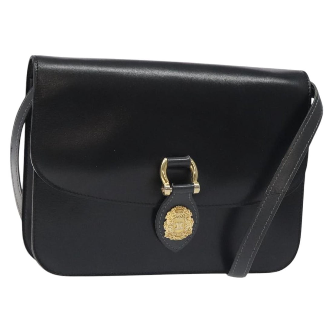 CELINE Black Leather Shoulder Bag with Gold Accents Auth 128236: CELINE Black Leather Shoulder Bag with Gold Accents Auth 128236 This authentic CELINE shoulder bag is a sophisticated accessory crafted from premium leather in a classic black and gold color scheme. M