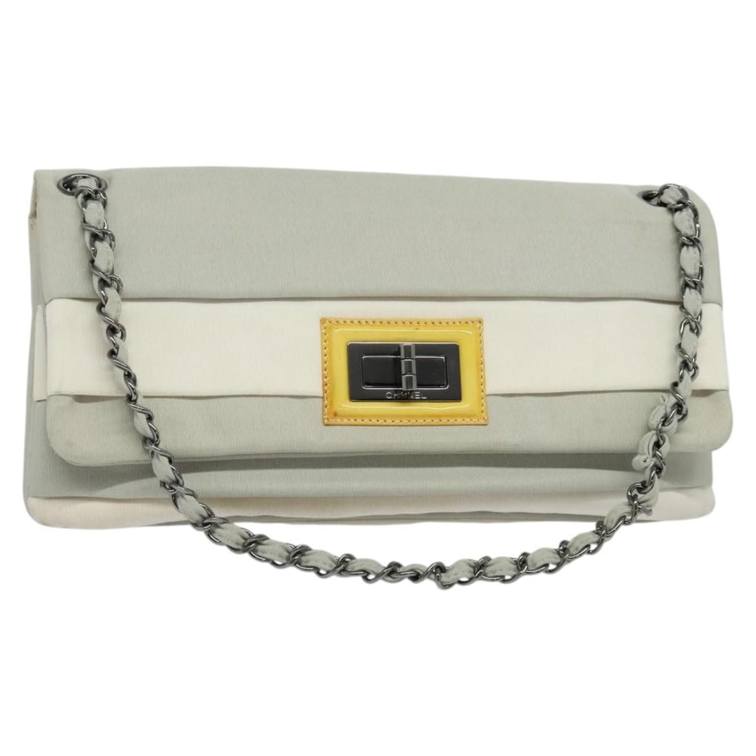 Gray Nylon CC Chain Shoulder Bag by CHANEL: Gray Nylon CC Chain Shoulder Bag by CHANEL This CHANEL shoulder bag features a gray nylon exterior with the classic CC logo, offering a practical and stylish accessory option. The bag is made in Italy