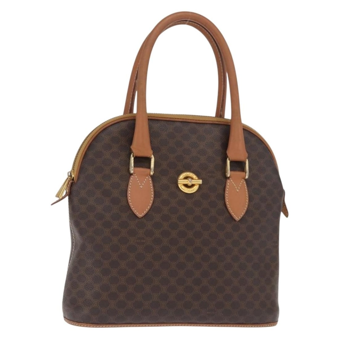 Celine Macadam Brown PVC Leather Handbag Gold Tone Accents France: Celine Macadam Brown PVC Leather Handbag Gold Tone Accents France This CELINE Macadam hand bag features classic brown and gold tones with a durable PVC leather and Macadam canvas exterior. The bag is