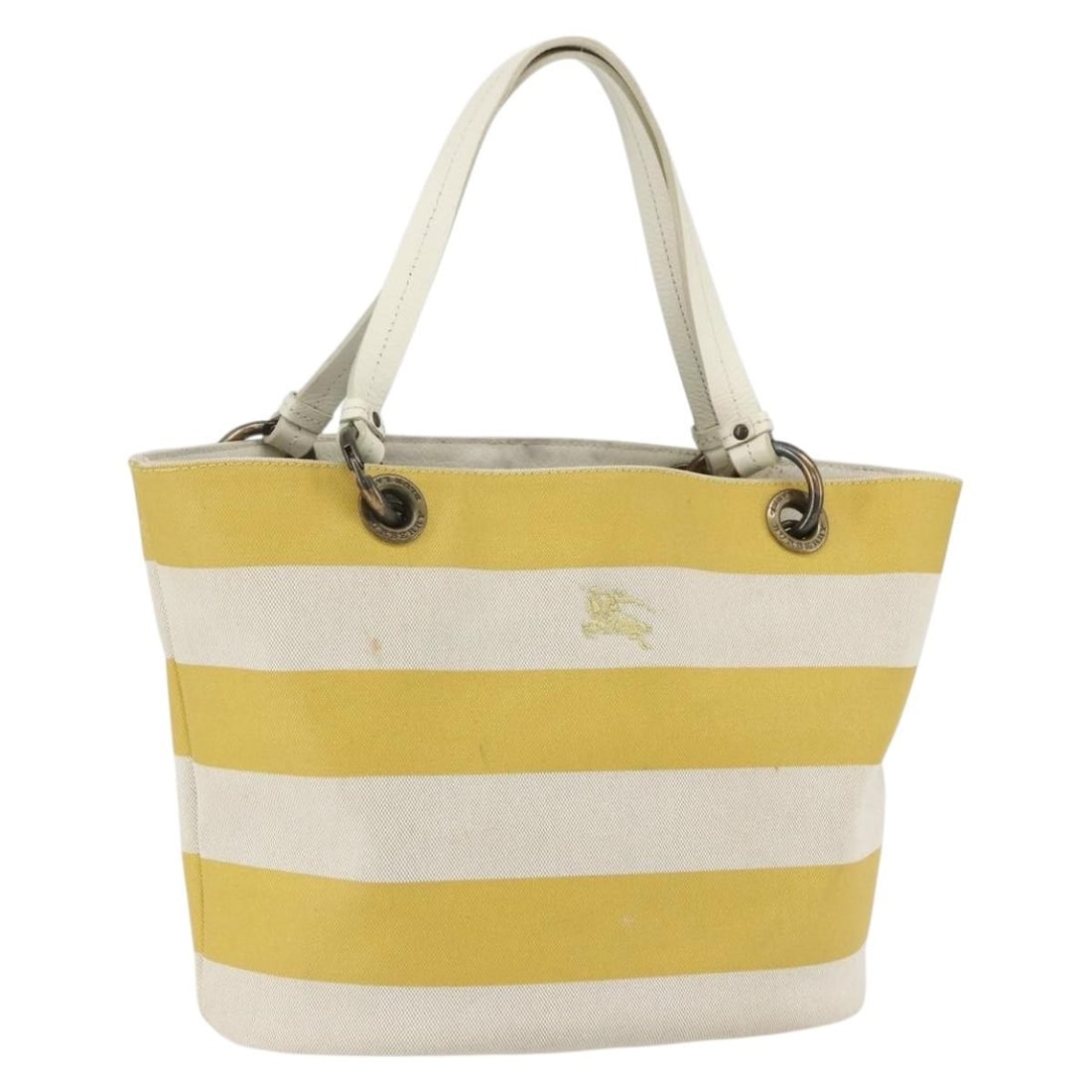 BURBERRY Blue Label Yellow Canvas Tote Bag with Pouch: BURBERRY Blue Label Yellow Canvas Tote Bag with Pouch This BURBERRY Blue Label Tote Bag exemplifies stylish functionality with its vibrant yellow canvas exterior. Crafted in Japan, this tote bag is de