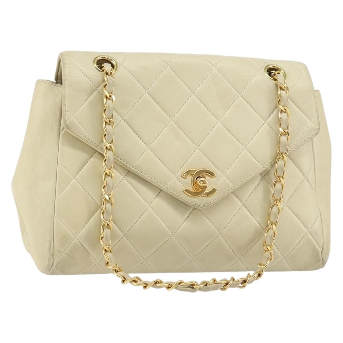 CHANEL Matelasse Lambskin Beige Gold Shoulder Bag with Auth Card: CHANEL Matelasse Lambskin Beige Gold Shoulder Bag with Auth Card This authentic CHANEL Matelasse Chain Shoulder Bag is crafted from luxurious lambskin in a sophisticated beige and gold color palette.