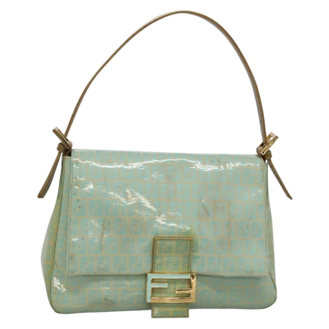 FENDI Zucchino Canvas Mamma Baguette Shoulder Bag Peppermint Gold Auth: FENDI Zucchino Canvas Mamma Baguette Shoulder Bag Peppermint Gold Auth Introducing the FENDI Zucchino Canvas Mamma Baguette Bag, a stylish and chic shoulder bag crafted in Italy. This exquisite bag fe