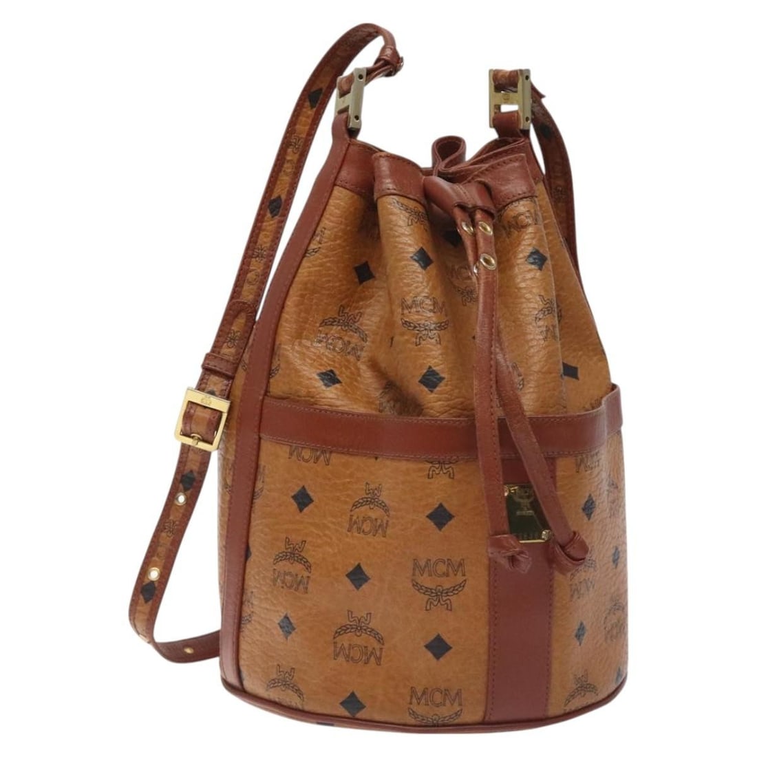 MCM Vicetos Brown PVC Leather Shoulder Bag Gold Accents: MCM Vicetos Brown PVC Leather Shoulder Bag Gold Accents This MCM Logogram Vicetos shoulder bag features a brown and gold PVC leather exterior and is designed with a spacious interior. The bag has a sh