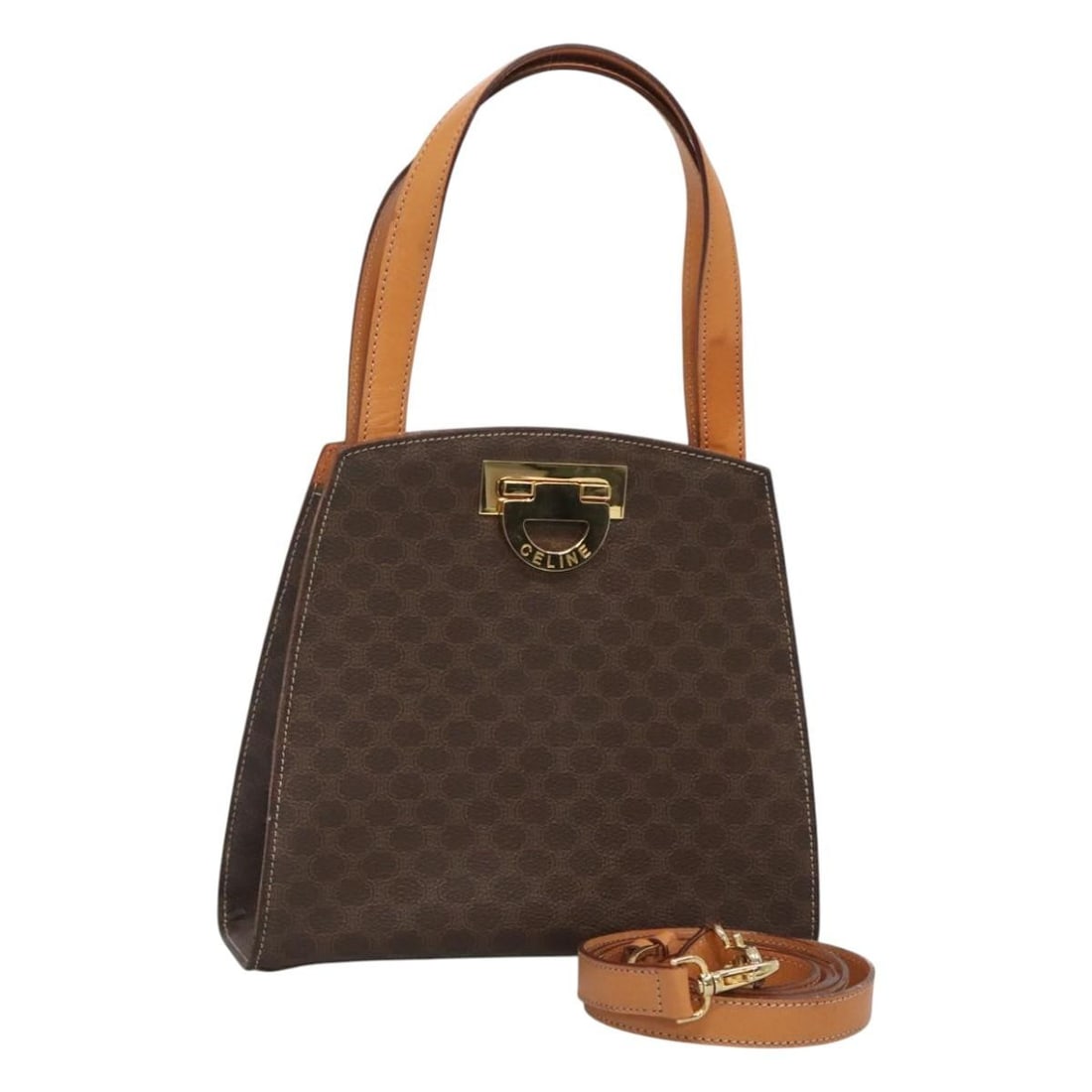 CELINE Macadam Canvas Hand Bag PVC Leather Brown Gold Auth 2way: CELINE Macadam Canvas Hand Bag PVC Leather Brown Gold Auth 2way This CELINE Macadam Canvas Hand Bag features a stylish combination of brown PVC leather and gold accents, making it a chic accessory for